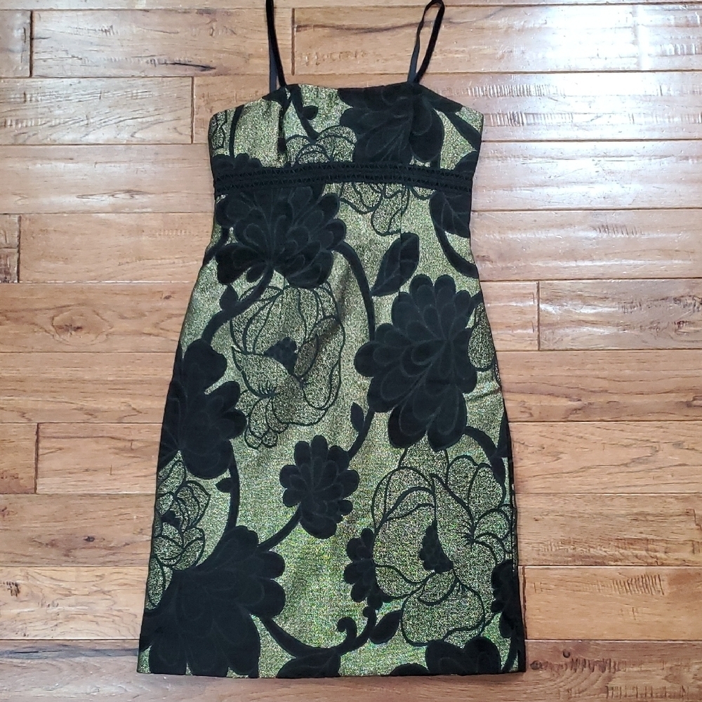 Badgley Mischka Black and Gold Jaquard Floral Mini Dress Y2K